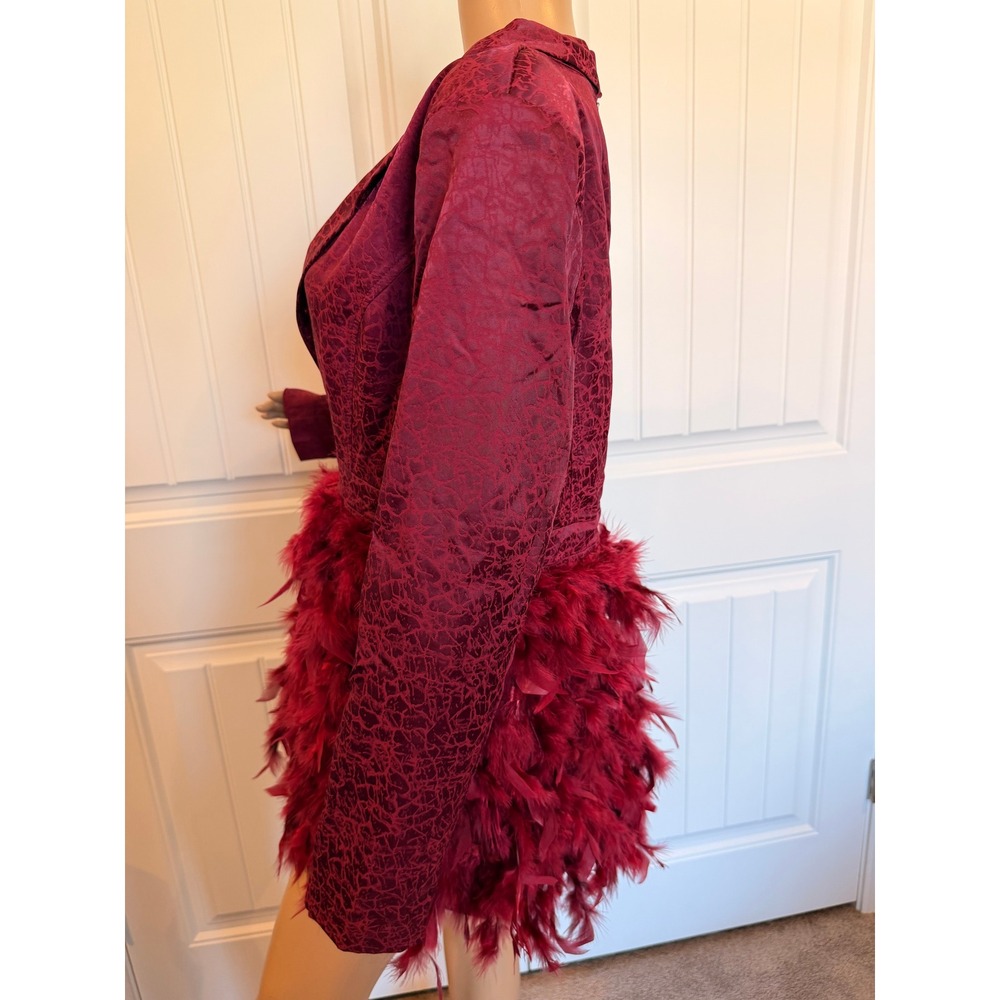 Burgundy Blazer Mini Dress Faux Feather Hem Deep V-Neck Lg Party Cocktail Baddie - Picture 9 of 16